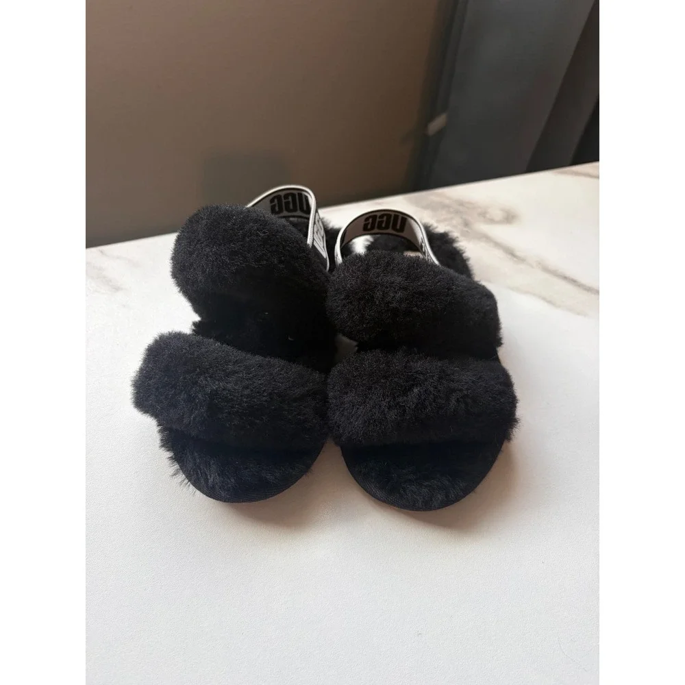 UGG Toddler Fluff Yeah Slide Black‎ Sheepskin Slingback Sandals 1116636T Size 9
